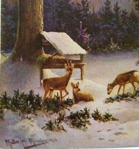 Deer Forest Trees Birds Sunset Postcard Signed A. Muller Germany Series 226