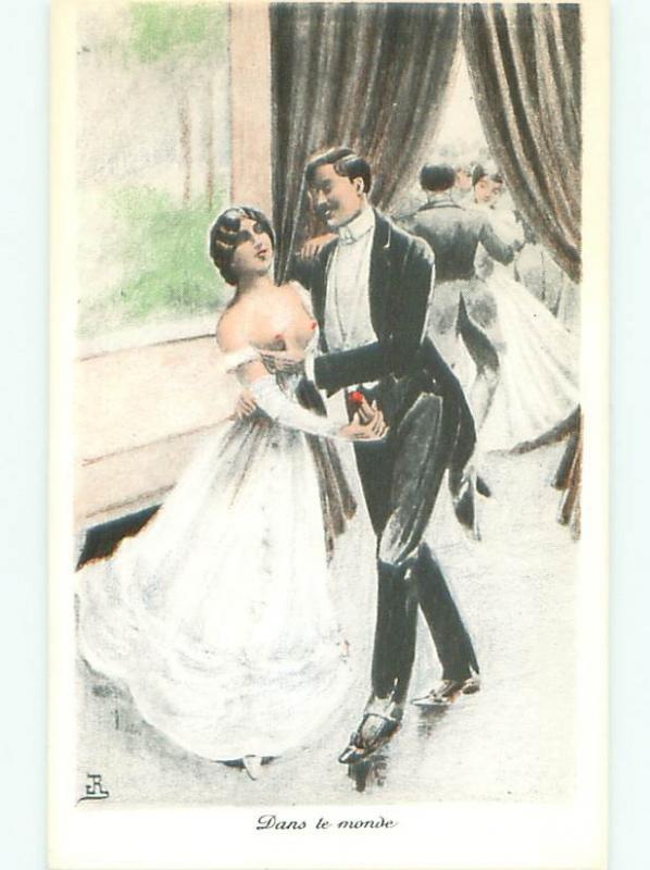 foreign c1910 Risque TOPLESS FRENCH WOMAN UNZIPS MAN WHILE DANCING AB7320