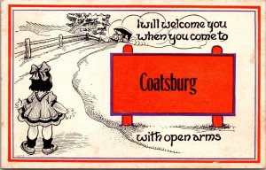 Advertising Postcard Billboard for Coatsburg, Illinois Little Girl Watching Car