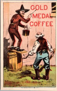 Trade Card - Gold Medal Coffee - Man Standing on Barrel painting sign on barn