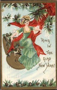 HBG New Year Fantasy Beautiful Woman Riding Giant Bells c1910 Postcard