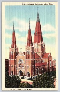 Tulsa Oklahoma~Air View Catholic Cathedral~Vintage Linen Postcard