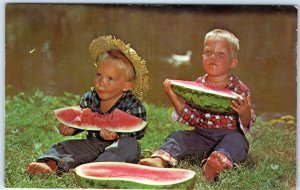 c1960s Cute Young Men Eating Watermelon Farm Boys Chrome Little Farmer Kids A312