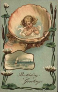 Art Nouveau Child Shells Seashell Lilypads c1910 Embossed Postcard #4