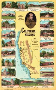 Vintage Postcard California Missions Fray Junipero Serra Map Location Of Mission