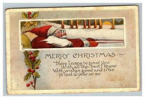 Vintage 1910's Christmas Postcard Santa Driving Sleigh Mistletoe Holly Berries