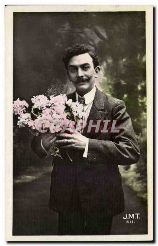 Old Postcard Fancy Man and flowers