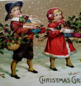 Victorian Christmas Postcard Children Antique Embossed Germany 1911 Vintage
