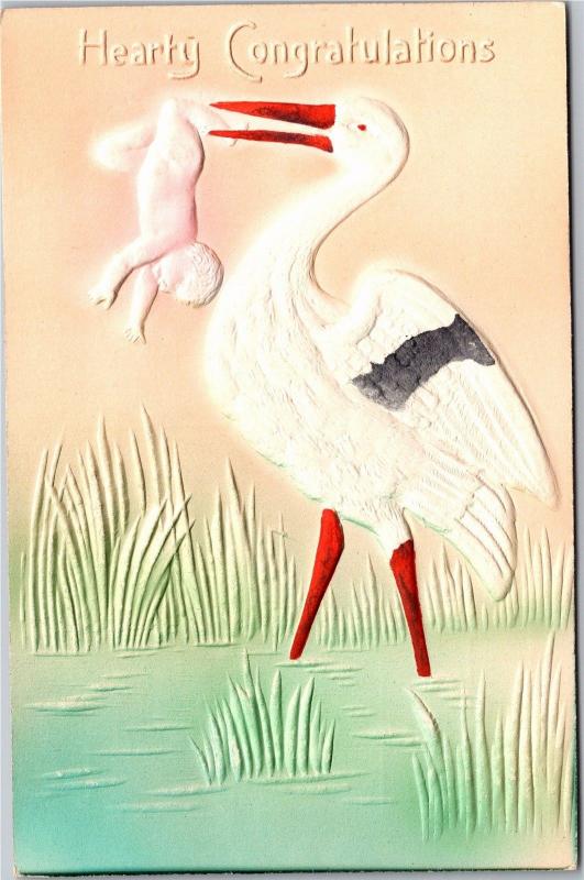 Embossed Congratulations Stork Holding Baby by Leg in Beak Vintage Postcard M12