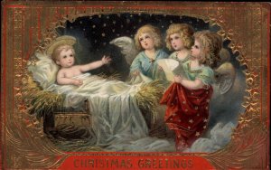 Christmas Baby Jesus Little Girl Angels Gold Inlay Border c1910 Gel Postcard