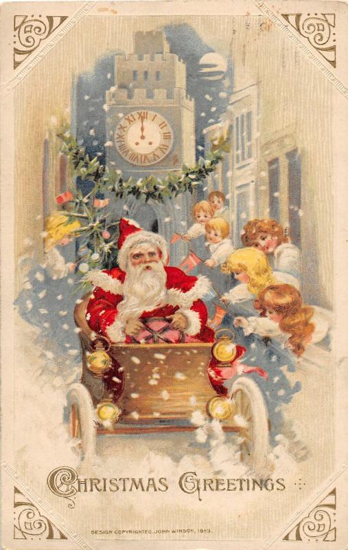 F61/ Santa Claus Merry Christmas Postcard c1918 John Winsch Driving Car 26