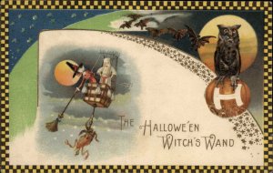 Halloween Winsch Schmucker #28 Witch Air Balloon Checkered Border Postcard