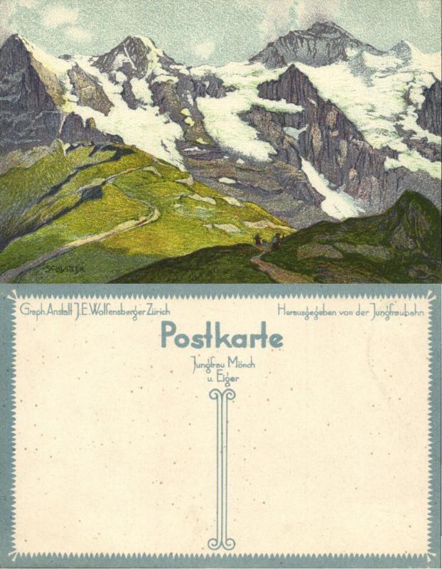 switzerland, Jungfrau, Mönch und Eiger, Artist Signed Ernst E. Schlatter (1910s)