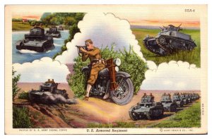 1940's U.S. Armored Regiment, Military Motorcycle, Tanks Postcard
