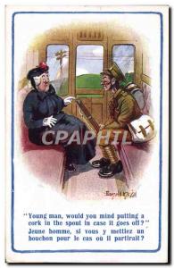 Postcard Old Woman Army Soldier Train Donald McGill