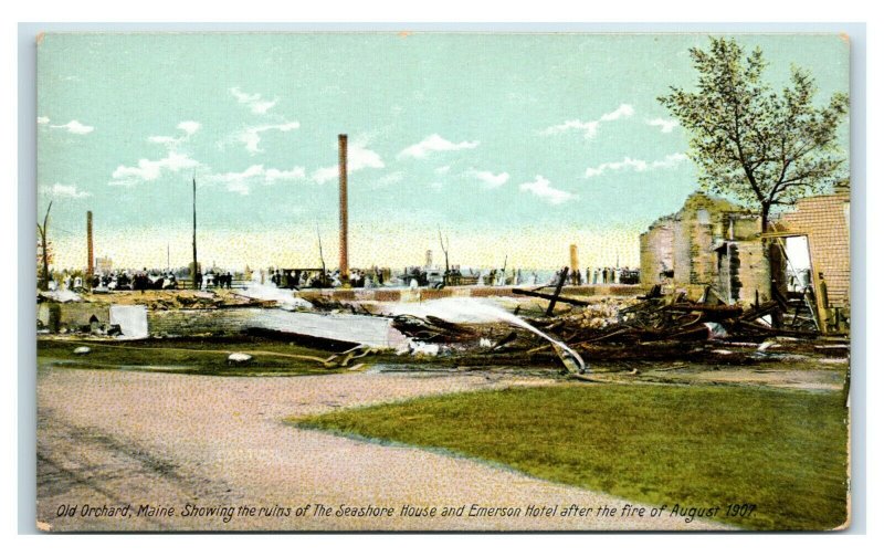 Postcard Old Orchard Beach (OOB), Maine Ruins Seashore & Emerson Fire 1907 Y65 3