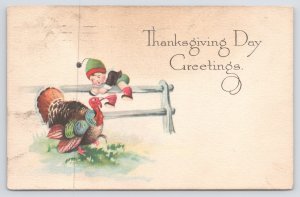 Holiday~Boy On Fence Turkey Thanksgiving Greeting~Gibson Lines~ PM 1922 Postcard