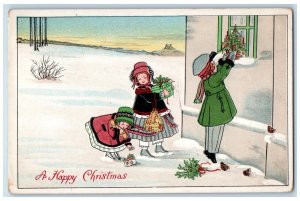 c1910's Christmas Tree Children Mistletoe Winter Birds Unposted Antique Postcard 