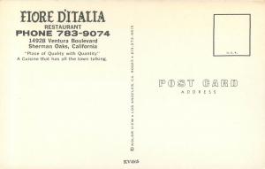 Vintage Postcard Fiore D'Italia Restaurant 14928 Ventura Blvd Sherman Oaks CA