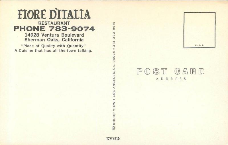 Vintage Postcard Fiore D'Italia Restaurant 14928 Ventura Blvd Sherman Oaks CA