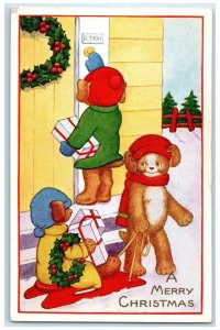 c1910's Merry Christmas Bears Delivering Gifts Winter Scene Embossed Postcard