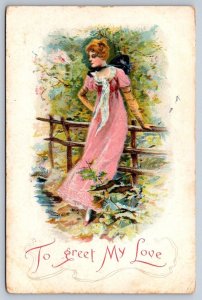 To Greet My Love, Lady Awaiting, 1908 Greetings Postcard Millway PA Doane Cancel