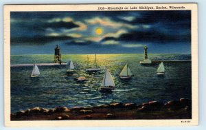 RACINE, WI Wisconsin~ MOONLIGHT SCENE on Lake Michigan Boats 1939 Linen Postcard