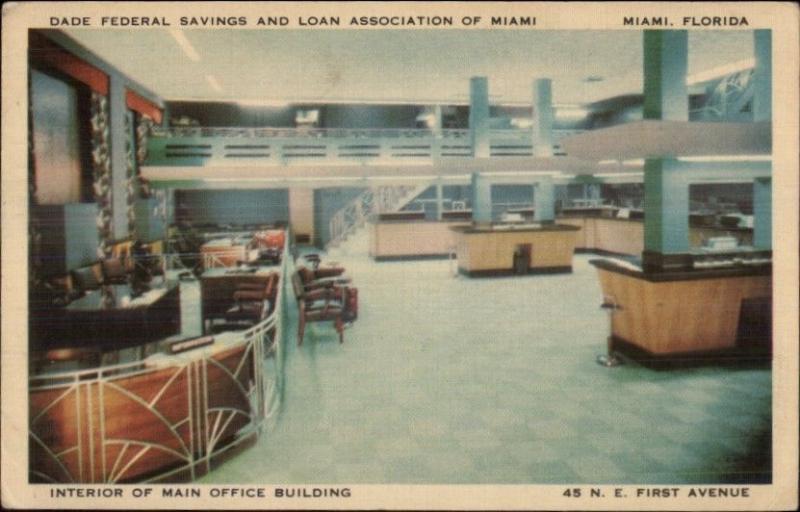 Miami FL Dade Federal Saving Bank Interior 1952 Linen Advertising Postcard