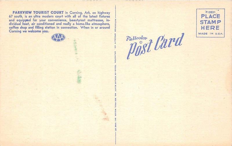 C68/ Corning Arkansas AR Postcard Linen Parkview Tourist Court Roadside