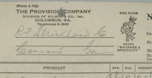 1945 The Provision Company Columbus GA Red Rose Sausage Invoice 317 