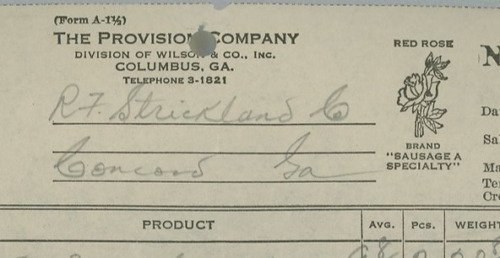 1945 The Provision Company Columbus GA Red Rose Sausage Invoice 317 