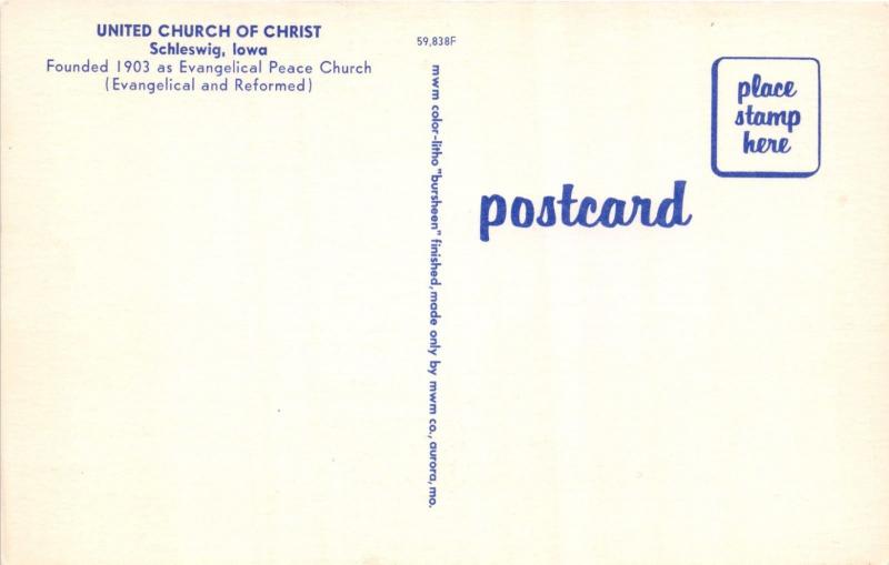 SCHLESWIG IOWA UNITED CHURCH OF CHRIST-EVAGELICAL PEACE CHURCH POSTCARD 1960s