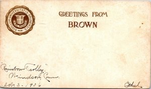 Postcard RI Providence Greetings from Brown University Seal Ivy League 1906 V190