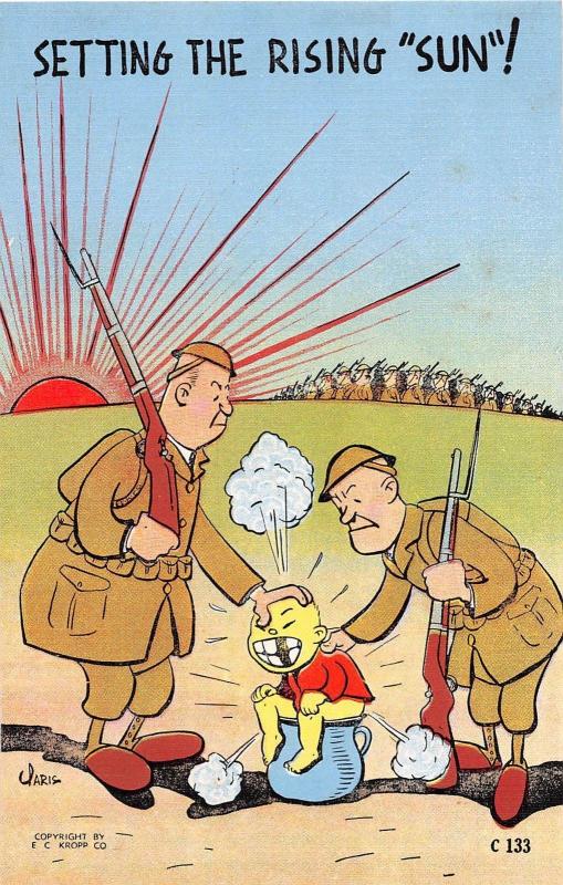 C66/ Patriotic Postcard c40s Anti Japan Setting the Rising Sun Pot Soldiers 13