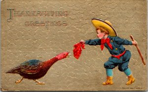 Vtg Thanksgiving Greetings Boy Playing With Turkey 1910s Embossed Postcard