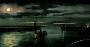 C.1910 Lighthouse Piers Moonlight Night Michigan City Indiana Postcard P94