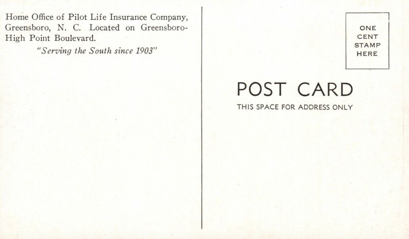 Vintage Postcard Home Office Pilot Life Insurance Com. Greensboro North Carolina