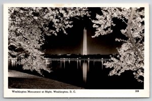 DC Washington Monument At Night RPPC Real Photo Postcard V26