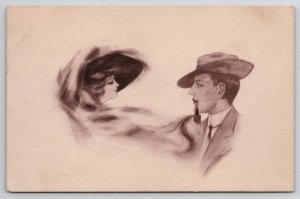 Man Hat & Pipe Has Pretty Woman Appear from Smoke E.B. Scofield Postcard G29