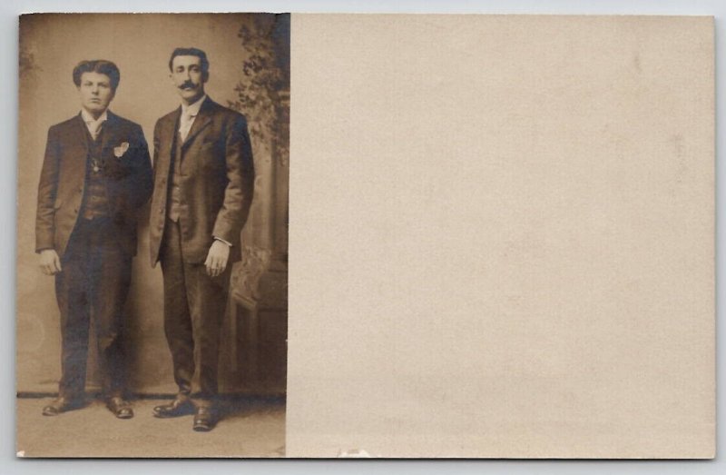 RPPC Two Handsome Men Wild Hair And Mustache Studio Photo c1915 Postcard S30