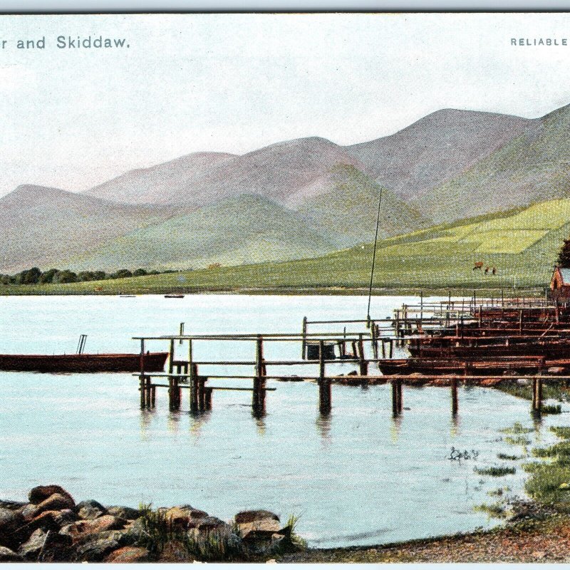 c1910s Derwentwater, England Skiddaw Mountain Lake Jetties Boats Shore Hut A353