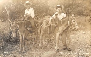 RPPC Tipico Conjunto, Mexico Boys & Donkeys Burros c1940s Vintage Photo Postcard