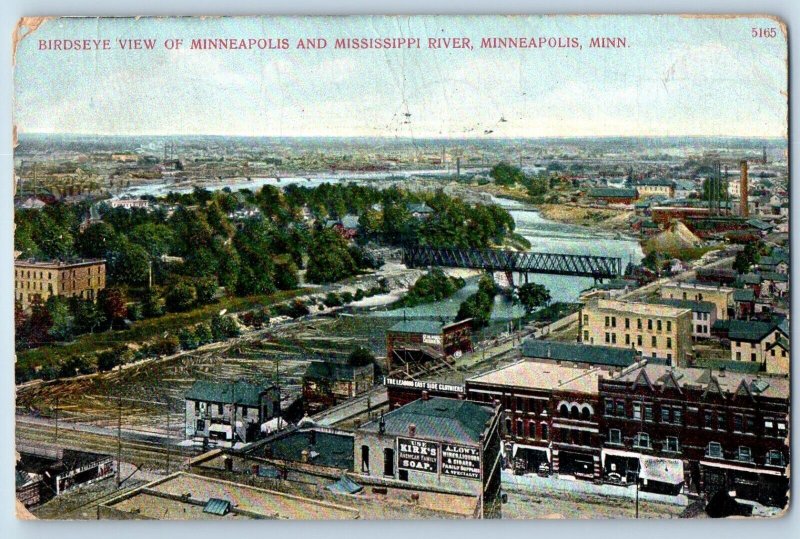 Minneapolis Minnesota MN Postcard Birdseye View Mississippi River c1910 Vintage