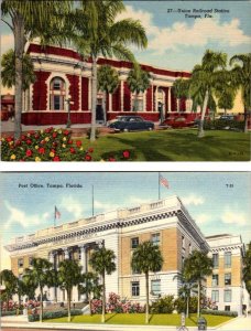 2~Postcards Tampa, FL Florida  UNION RAILROAD STATION~Train Depot & POST OFFICE