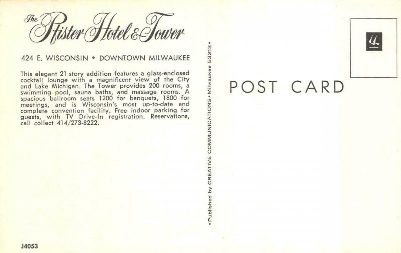 MILWAUKEE, Wisconsin WI    PFISTER HOTEL & TOWER   Vintage Chrome Postcard