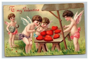 Vintage 1909 Valentine Postcard Cute Angels Picnic Table with Hearts