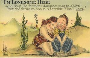 I'm Lonesome Here Farmer's Daughter Son Flop Comic Vintage Linen Postcard D8