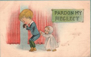 Vintage Postcard 1910's Younger Sister Pardon My Neglect For Big Brother