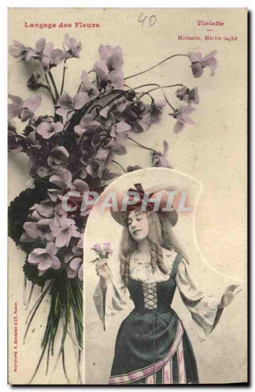 Old Postcard Fantaisie Flowers Language Violet Modesty hides Merit