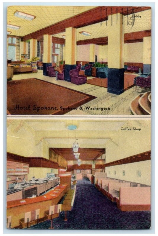 1951 Hotel Spokane Coffee Shop Lobby Spokane Washington Vintage Antique Postcard